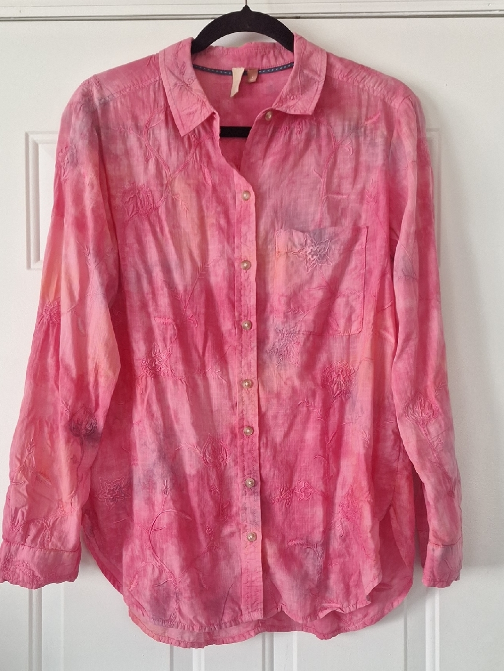 Anthropologie Pilcro Pink Tie-Dye Embroidered Button-Down Shirt